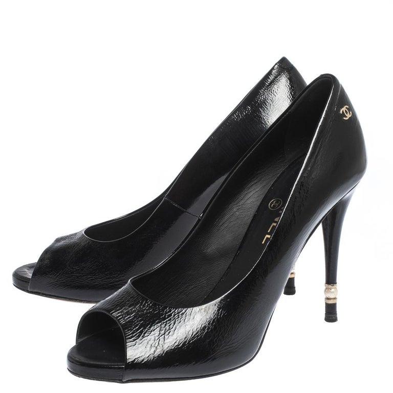 Chanel Black Patent Leather CC Pearl Embellished Heel Peep Toe