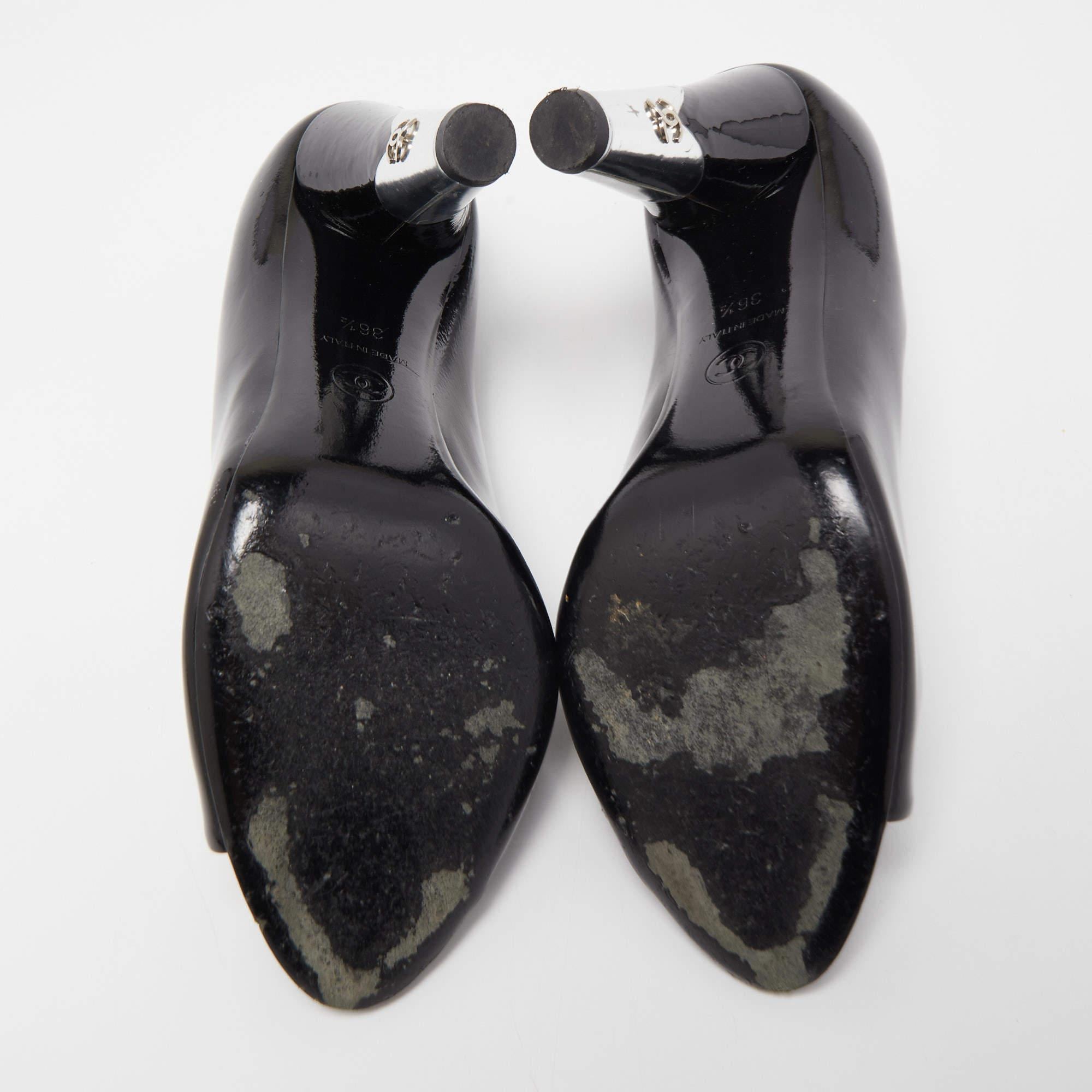 Chanel Black Patent Leather CC Peep Toe Pumps Size 36.5 For Sale 6