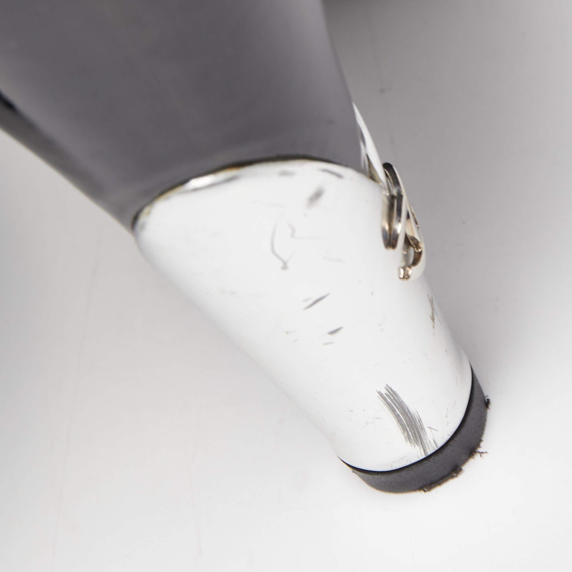 Chanel Black Patent Leather CC Peep Toe Pumps Size 36.5 For Sale 2