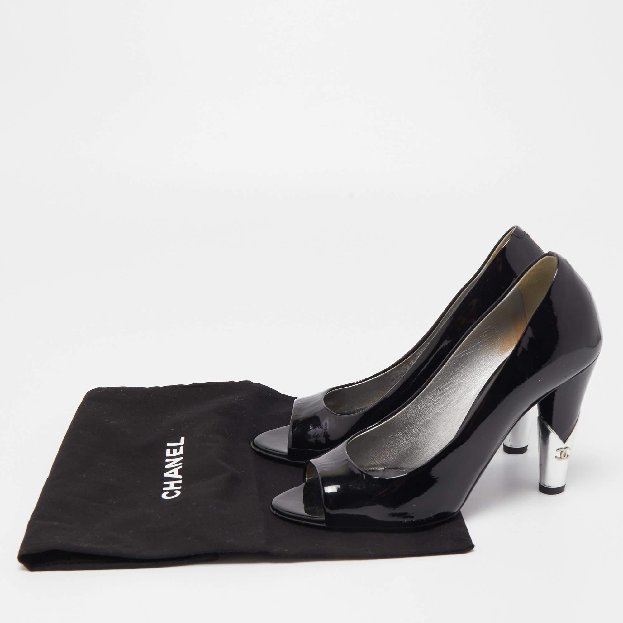 Chanel Black Patent Leather CC Peep Toe Pumps Size 36.5 For Sale 3