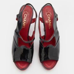 Chanel Black Patent Leather CC Slingback Sandals Size 39