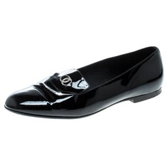 Chanel Black Patent Leather CC Smoking Slippers Size 38