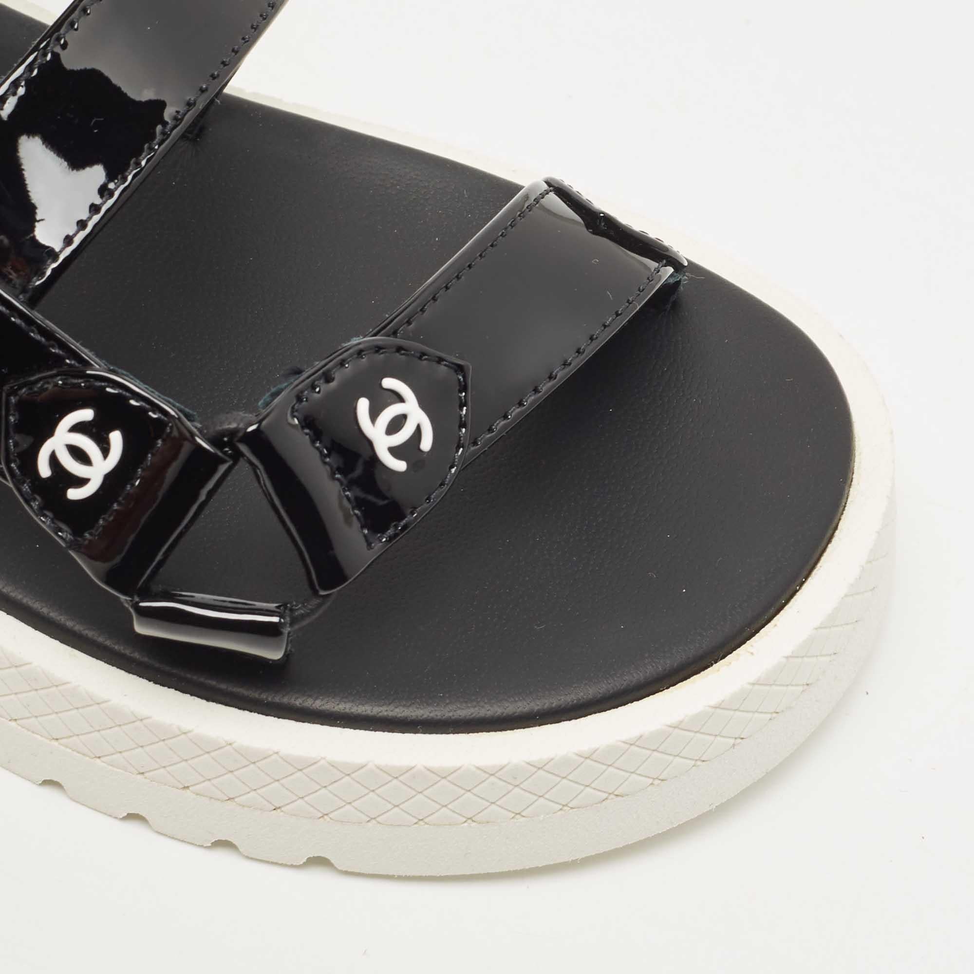 Chanel Black Patent Leather CC Velcro Strap Sandals Size 36 2
