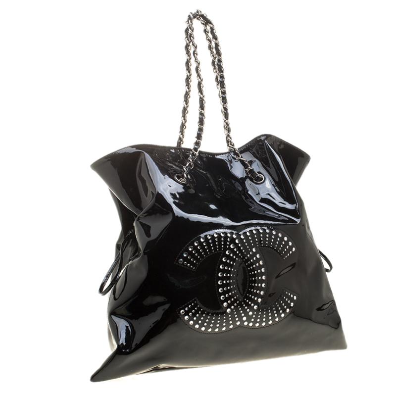 Women's Chanel Black Patent Leather Crystal CC Bon Bon Tote