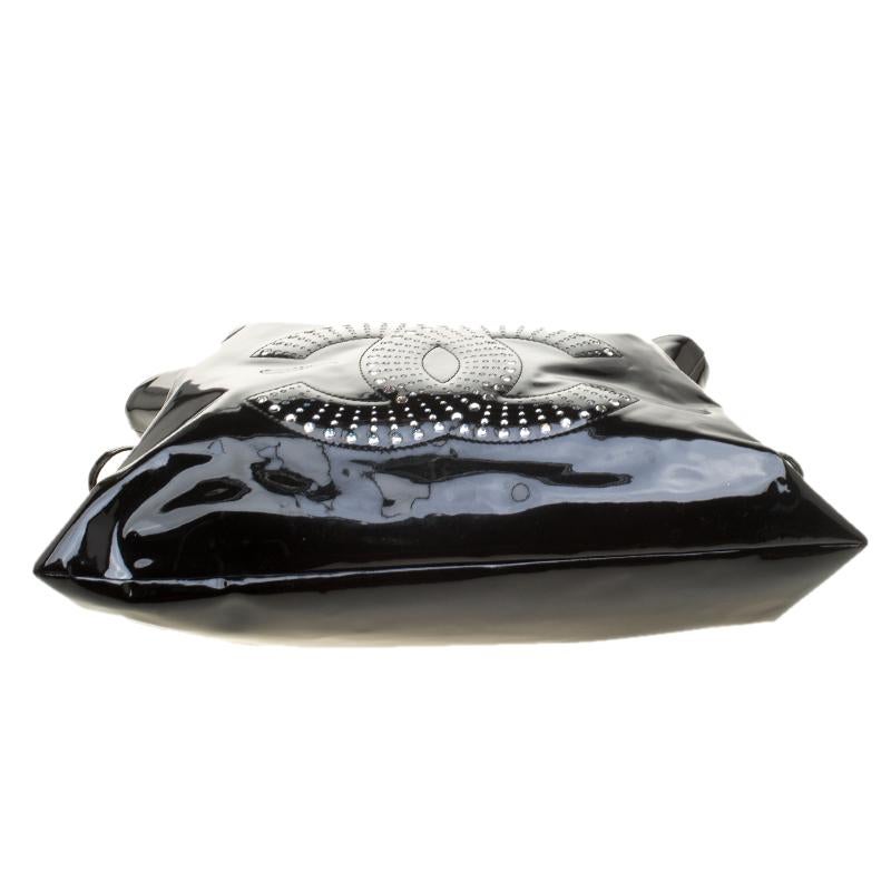 Chanel Black Patent Leather Crystal CC Bon Bon Tote 2