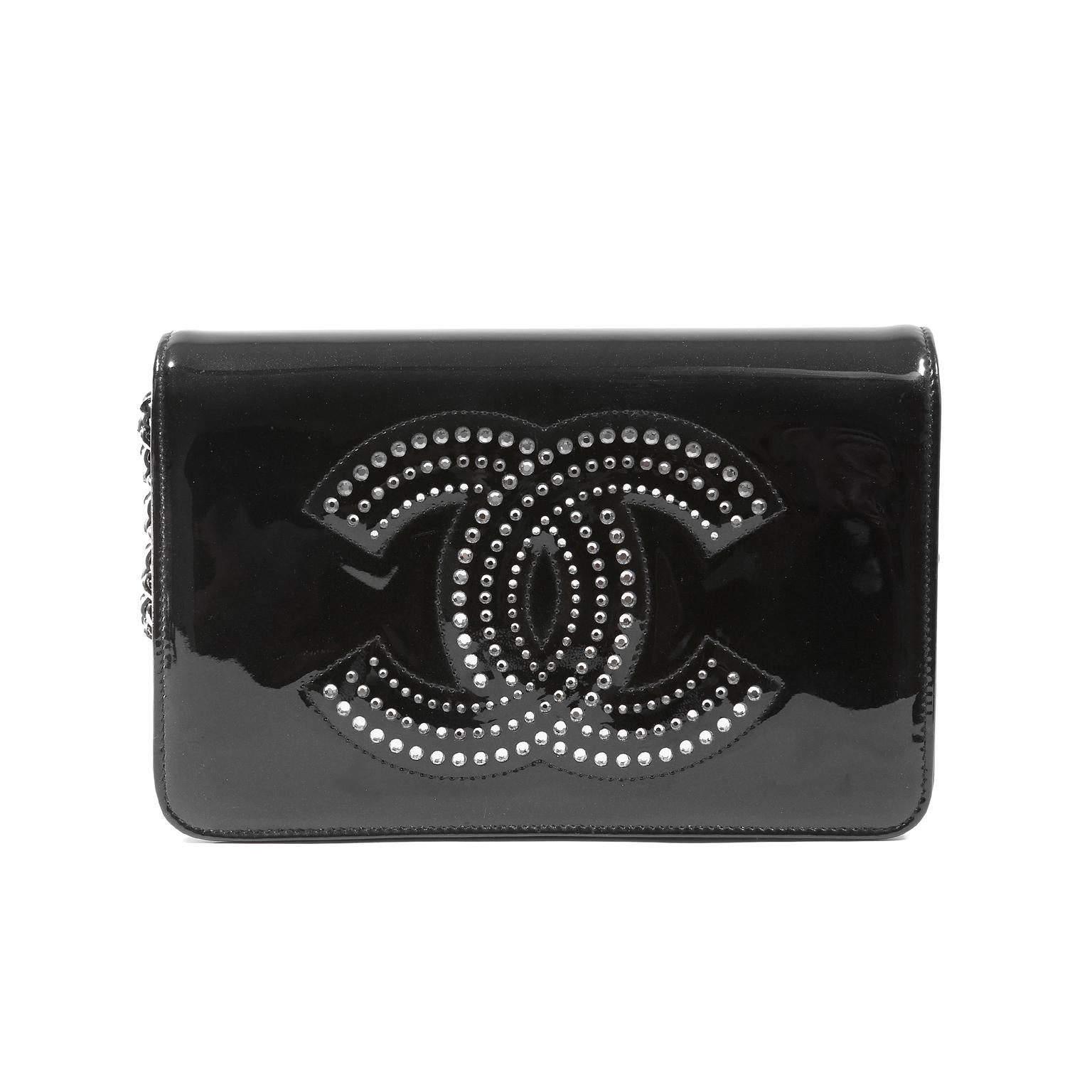 Women's Chanel Black Patent Leather Crystal CC Wallet on a Chain