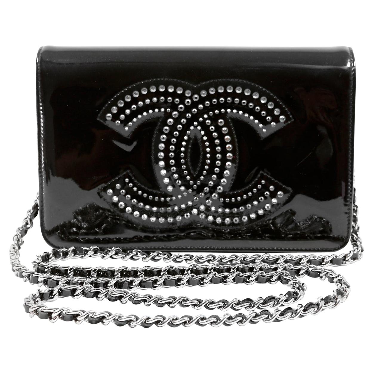Chanel Black Patent Leather Crystal CC Wallet on a Chain