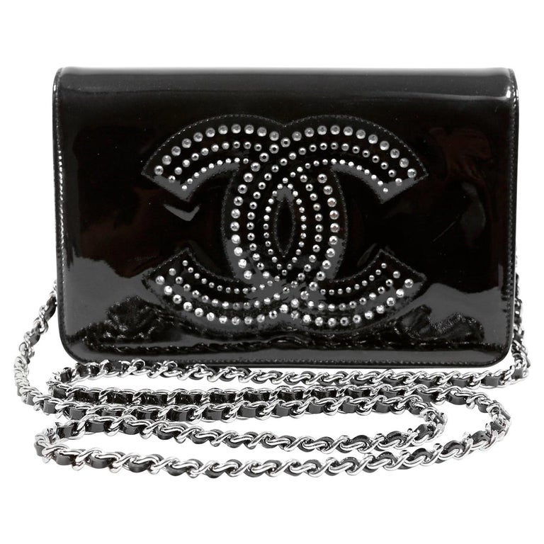 Chanel Black Patent Leather Crystal CC Wallet on a Chain at 1stDibs
