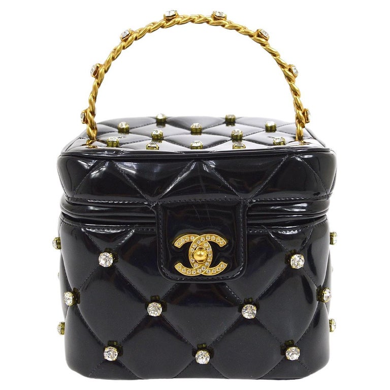 CHANEL Black Patent Leather Crystal Top Handle Small Travel Vanity Tote Bag  For Sale at 1stDibs
