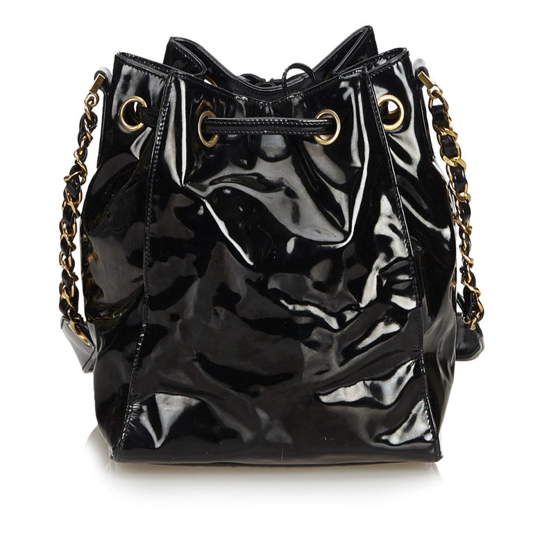 Chanel Black Patent Leather Drawstring Bucket Bag at 1stDibs