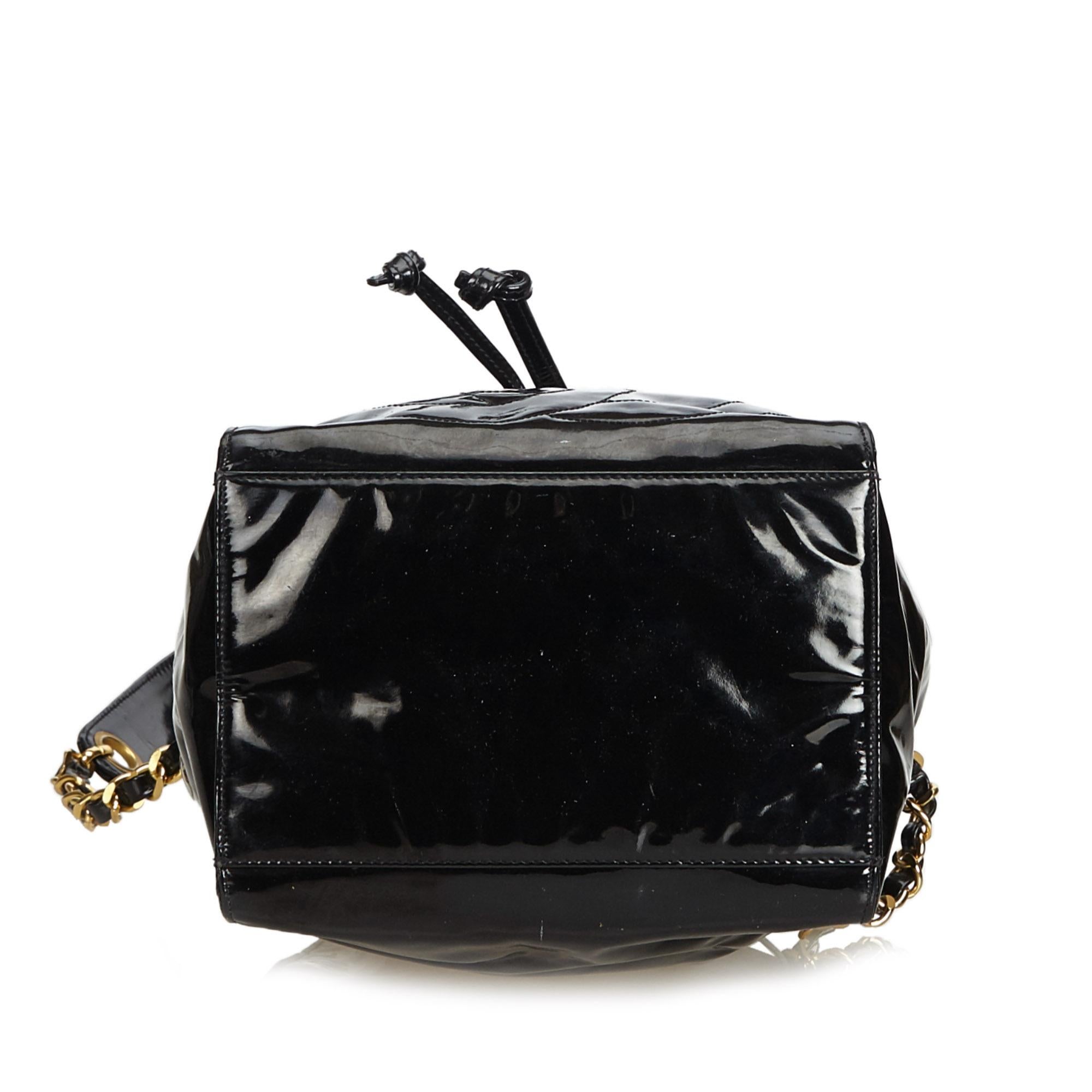 Women's Chanel Black Patent Leather Drawstring Bucket Bag