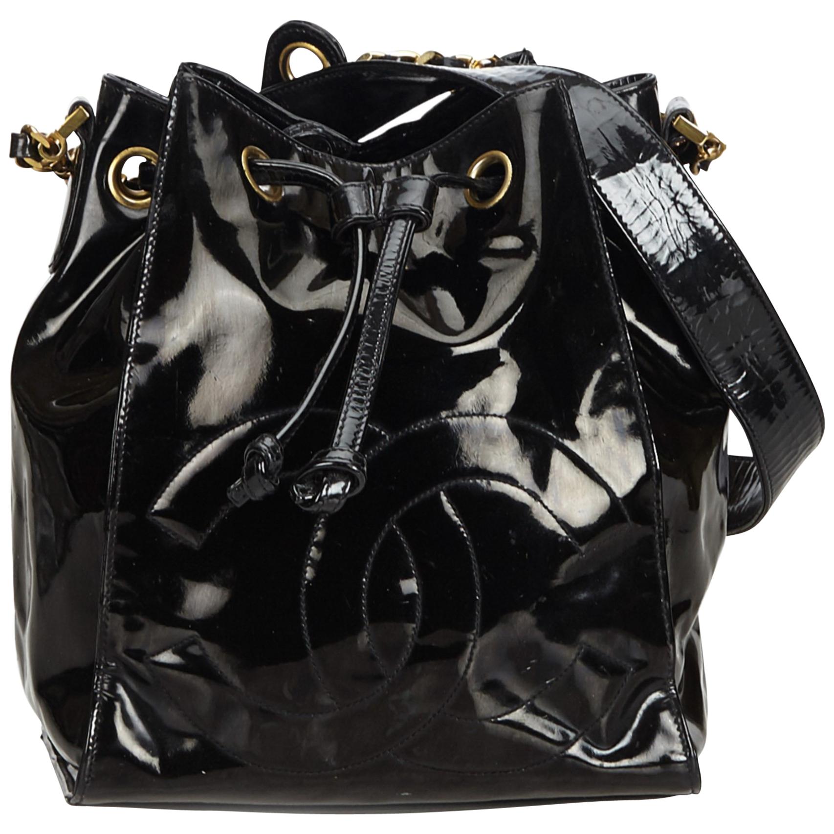 Chanel Black Patent Leather Drawstring Bucket Bag
