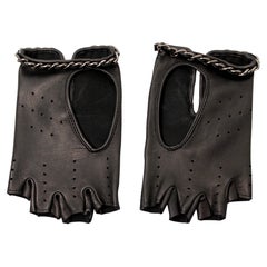 Chanel Black Patent Leather Fingerless Gloves With Silver-Tone Chain-Link Trim