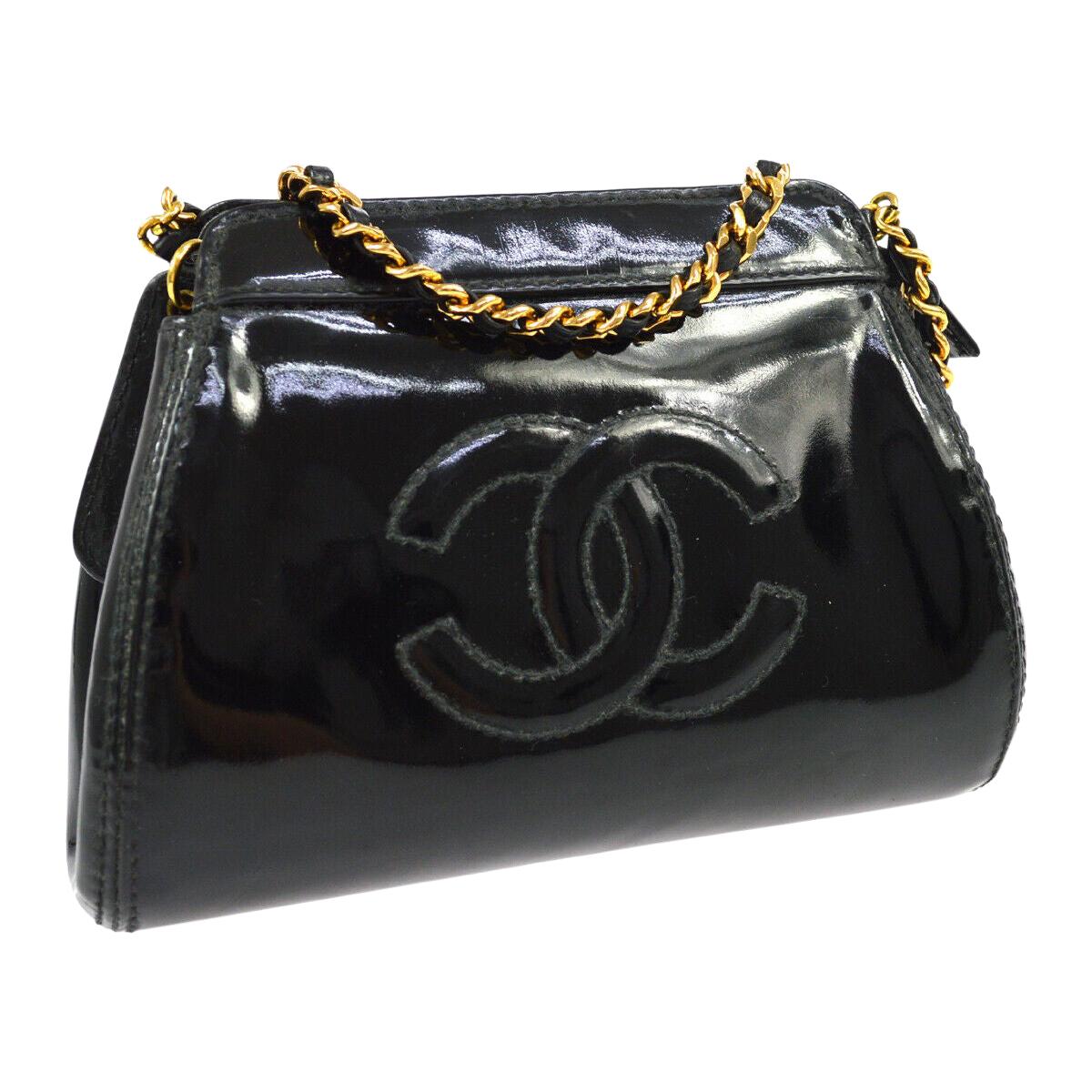 Chanel Black Patent Leather Gold Small Mini Party Shoulder Bag in Box