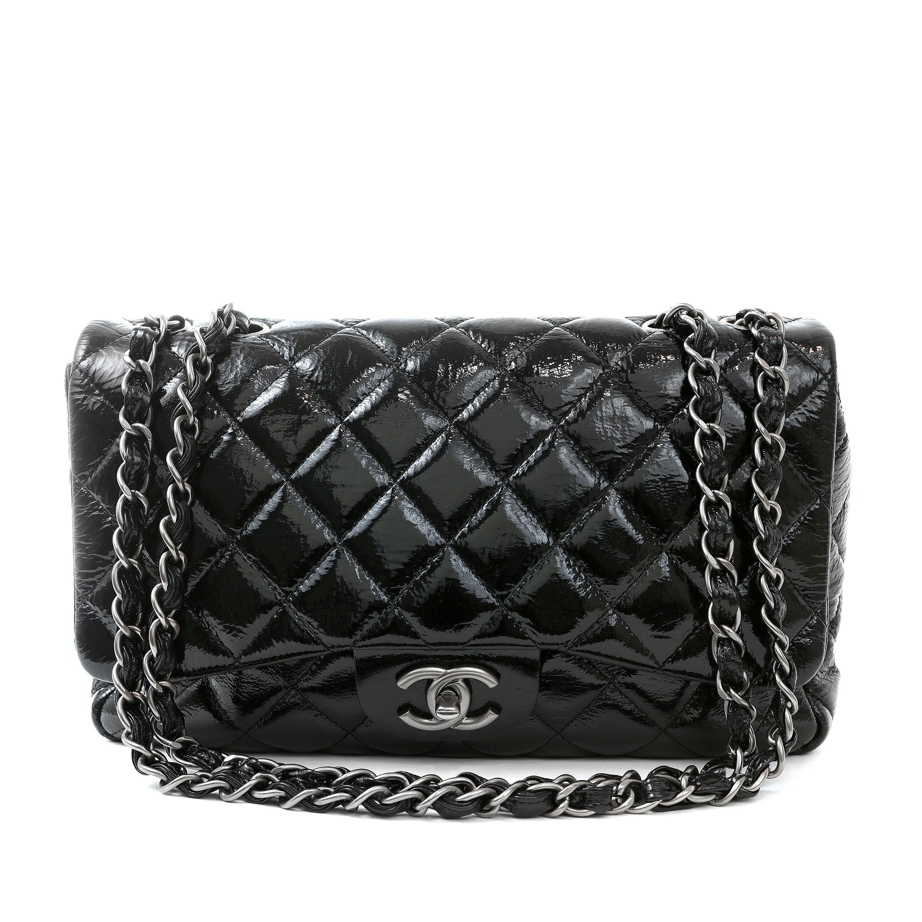 Chanel Black Patent Leather Jumbo Classic with Ruthenium Hardware In Excellent Condition In Palm Beach, FL