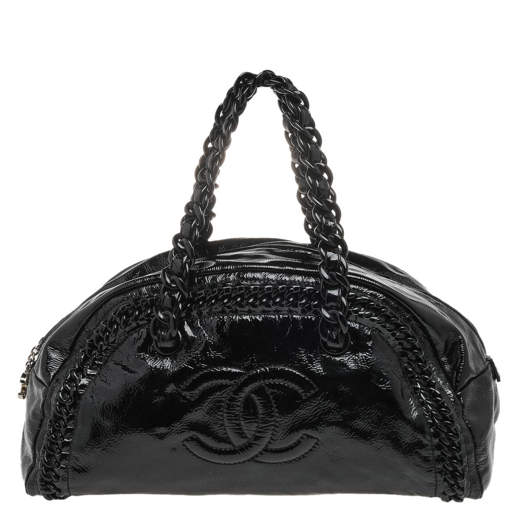 Chanel Black Patent Leather Large Luxe Ligne Bowler Bag 2