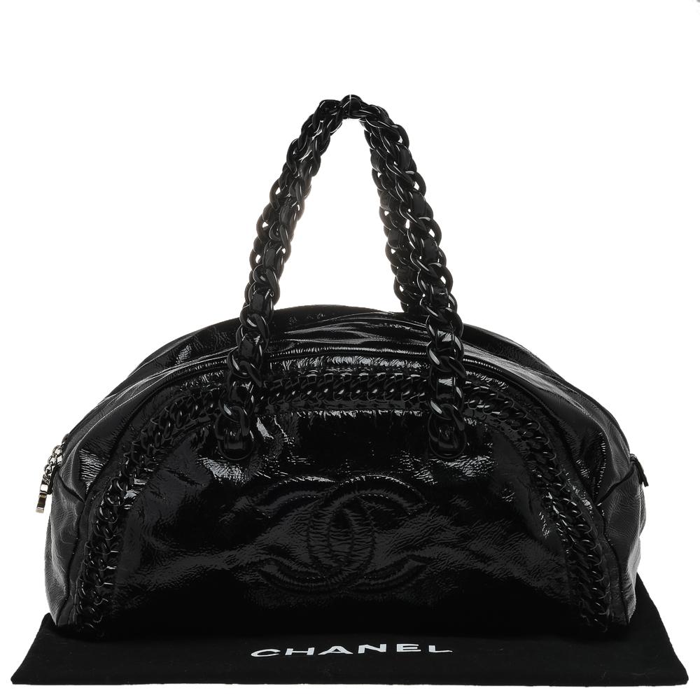 Chanel Black Patent Leather Large Luxe Ligne Bowler Bag 4
