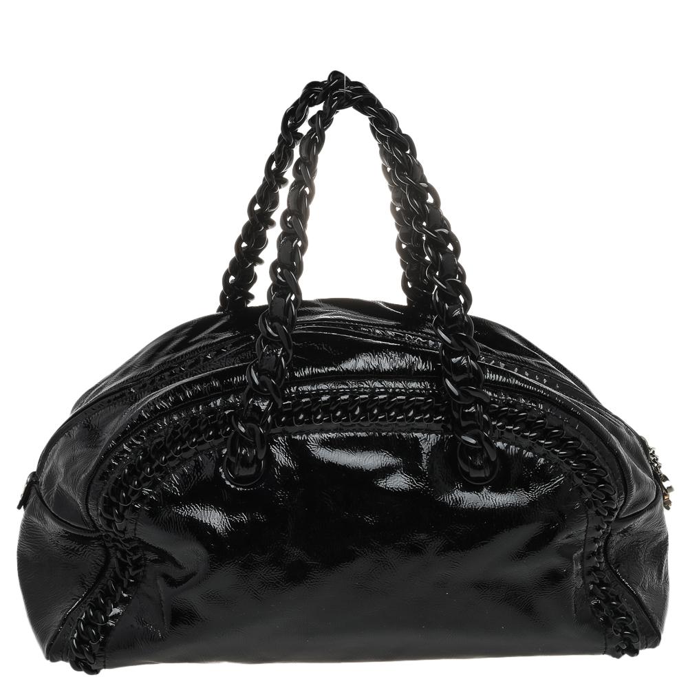 Chanel Black Patent Leather Large Luxe Ligne Bowler Bag 5