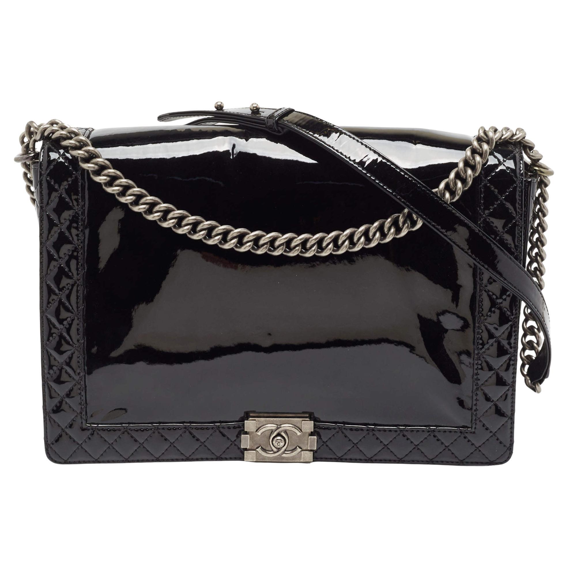 Chanel Black Patent Leather Large Reverso Boy Flap Bag For Sale
