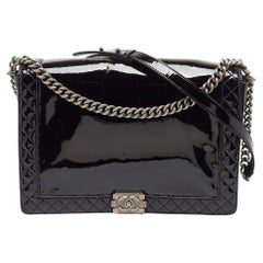 Used Chanel Black Patent Leather Large Reverso Boy Flap Bag