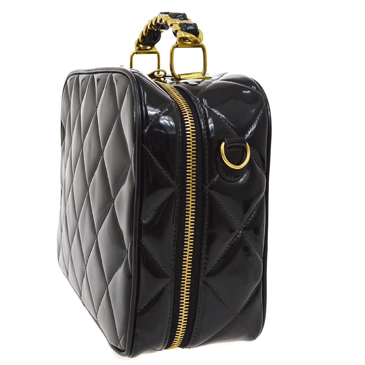 Women's Chanel Black Patent Leather Lunch Travel Top Handle Satchel Tote Shoulder Bag