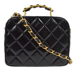 Chanel Black Patent Leather Lunch Travel Top Handle Satchel Tote Shoulder Bag