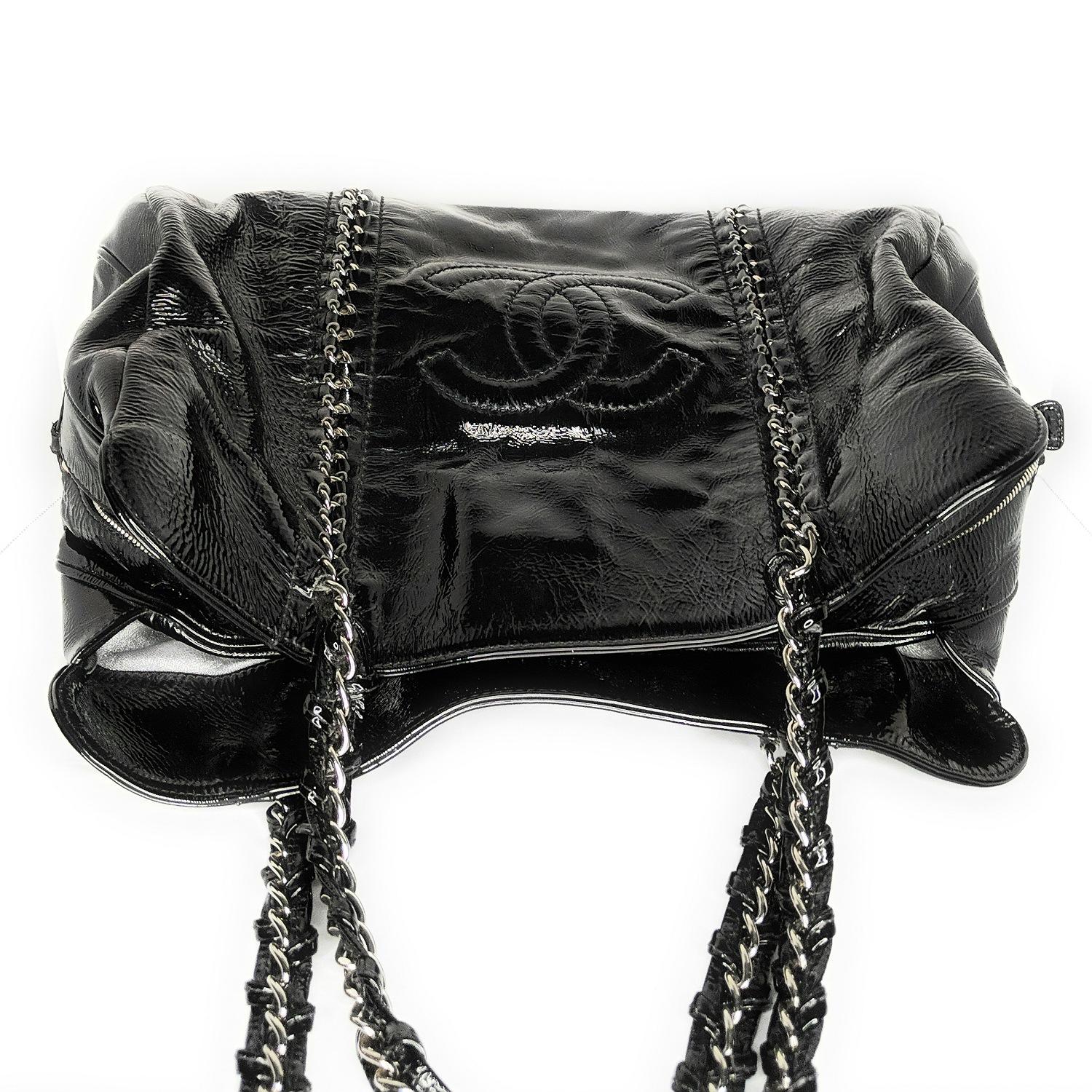 black patent leather tote bag