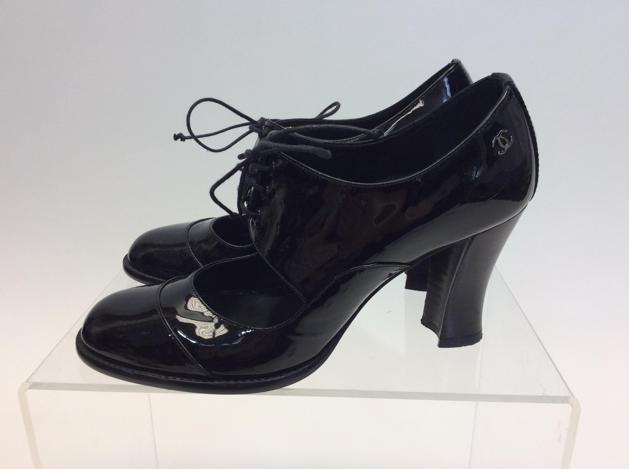 Chanel Black Patent Leather 'Mary Jane' Heels In Good Condition For Sale In Narberth, PA