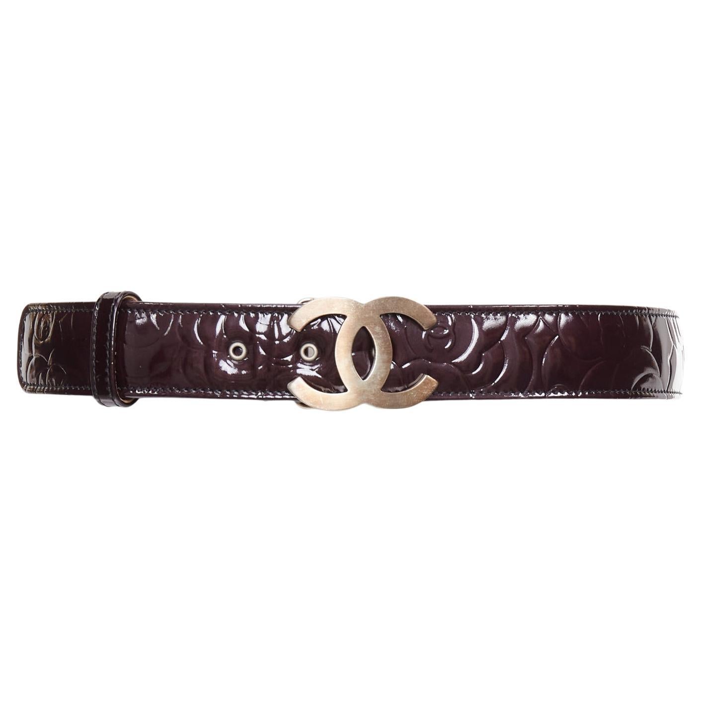 CHANEL black patent leather matte gold-tone CC buckle camellia belt 95cm