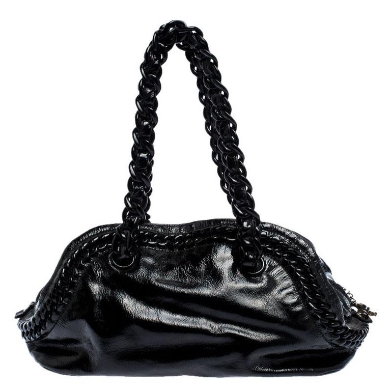 Chanel Black Patent Leather Medium Luxe Ligne Bowler Bag For Sale at ...