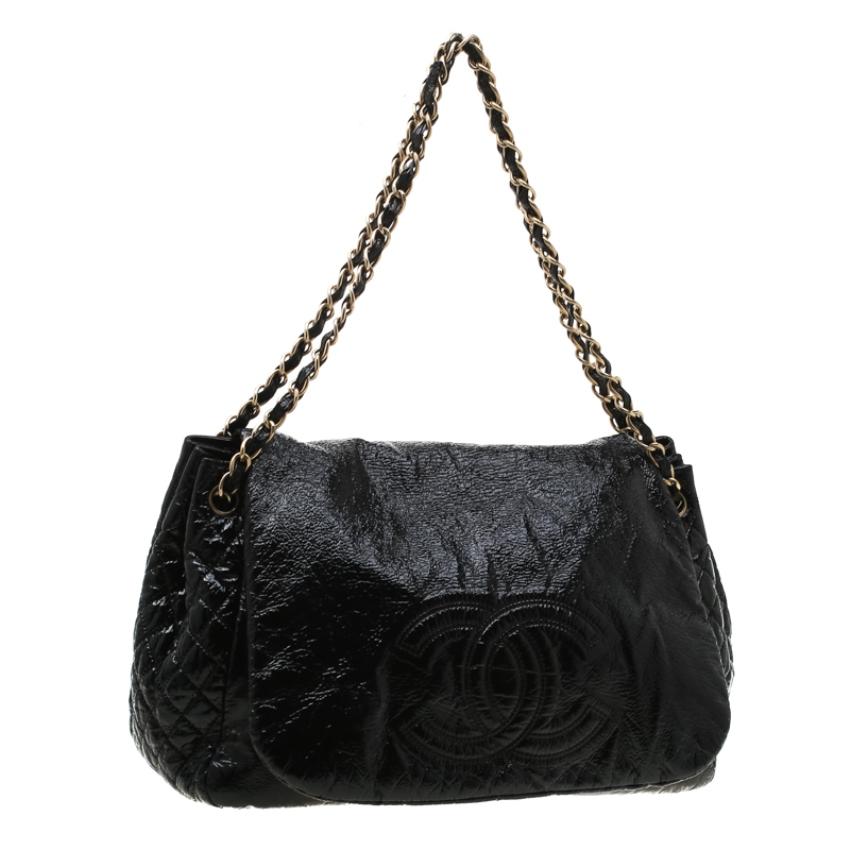 Women's Chanel Black Patent Leather Medium Rock and Chain Flap Bag