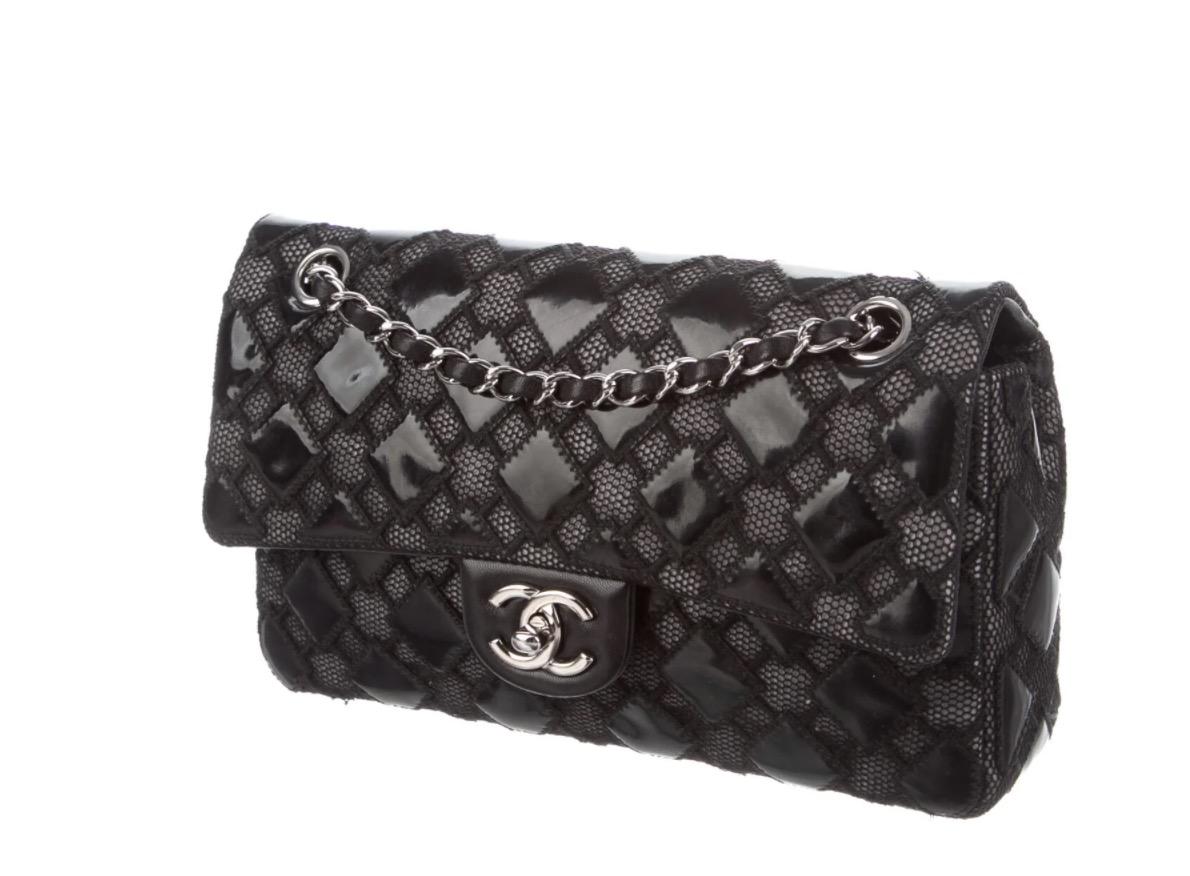 Chanel Black Patent Leather Mesh Silver Medium Evening Shoulder Flap Bag In Good Condition In Chicago, IL