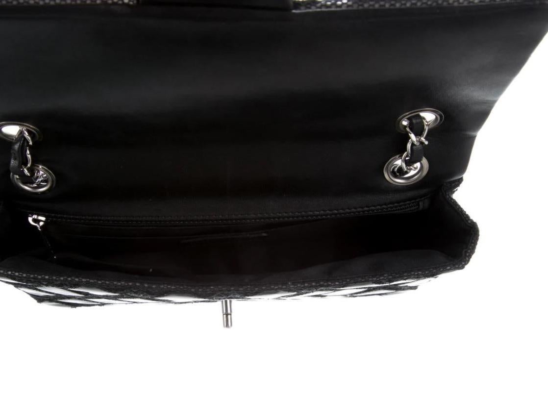 Women's Chanel Black Patent Leather Mesh Silver Medium Evening Shoulder Flap Bag