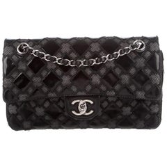 Chanel Black Patent Leather Mesh Silver Medium Evening Shoulder Flap Bag