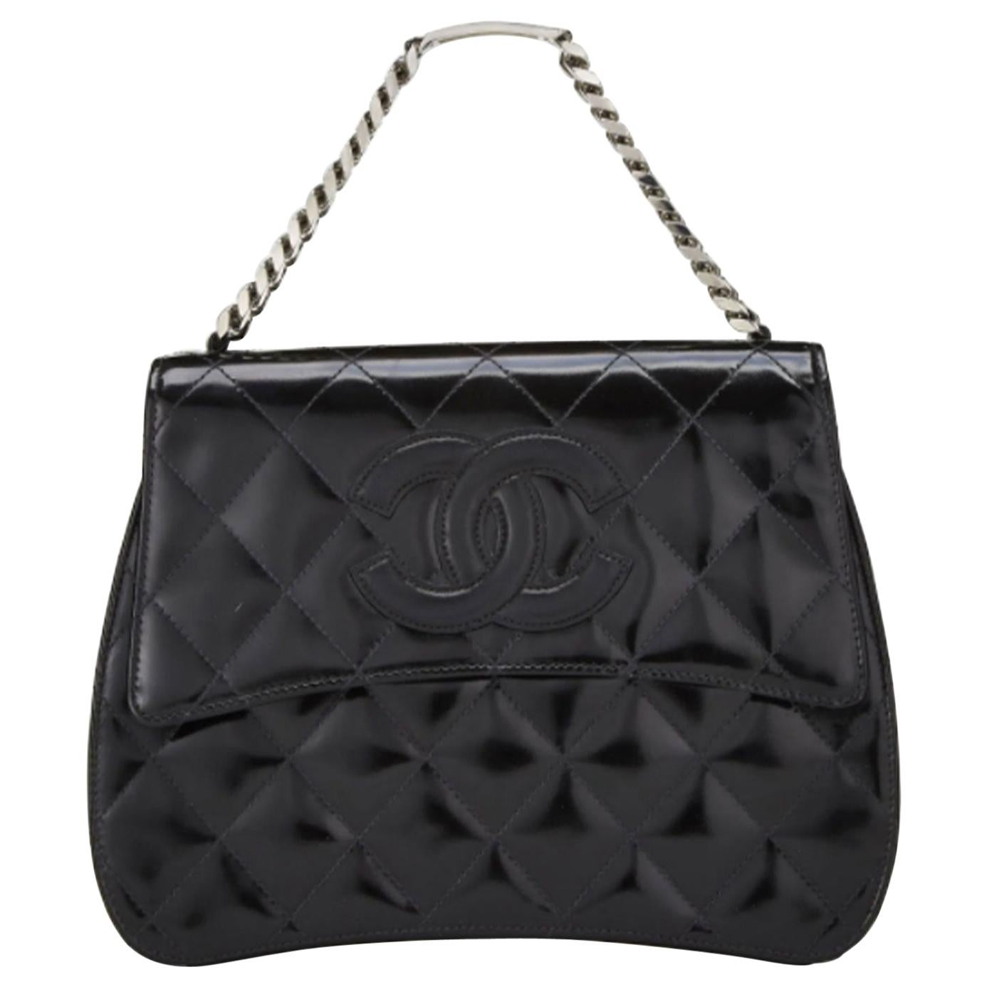 Chanel Black Patent Leather Name Plate Top Handle Shoulder Bag In Good Condition For Sale In Miami, FL