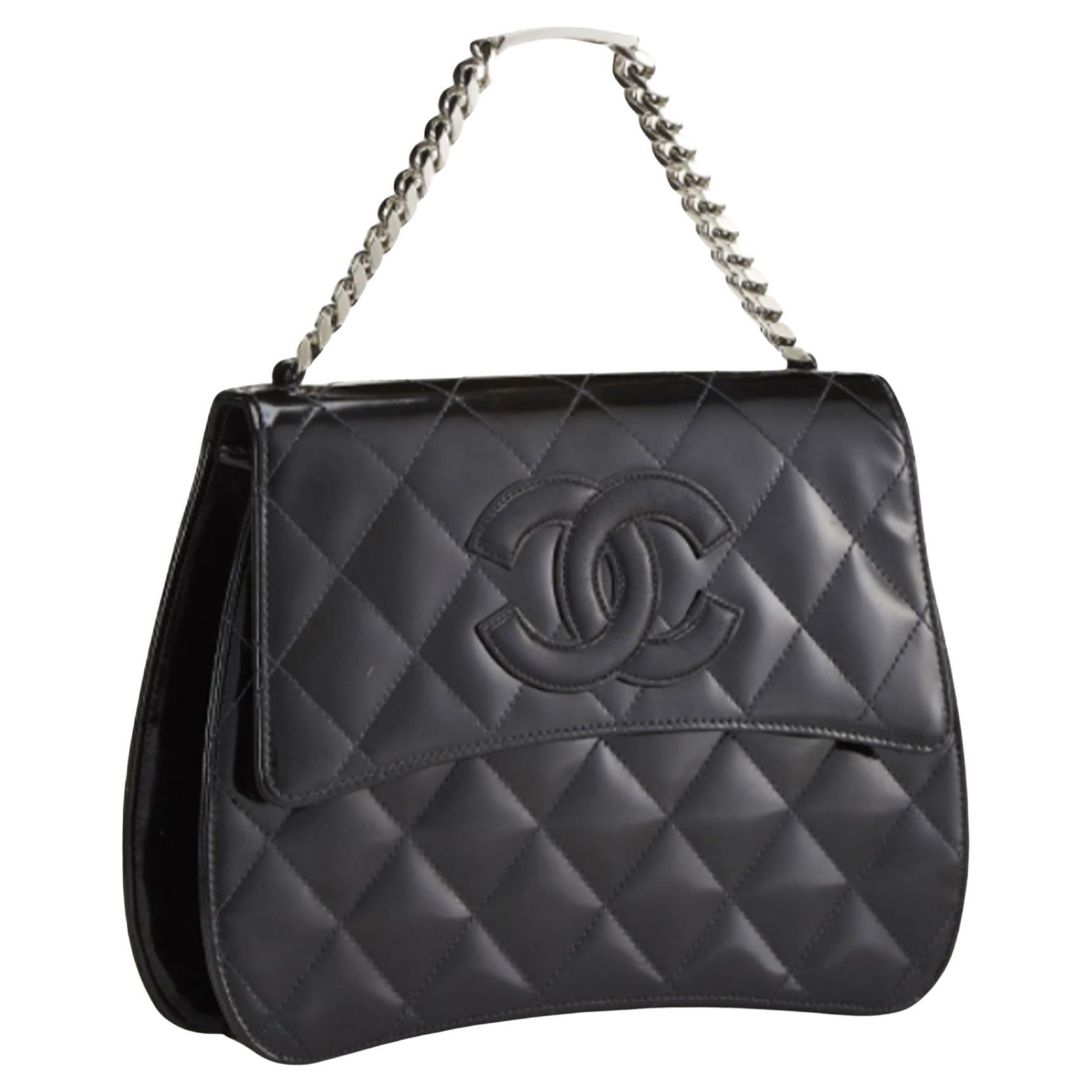 Chanel Black Patent Leather Name Plate Top Handle Shoulder Bag For Sale