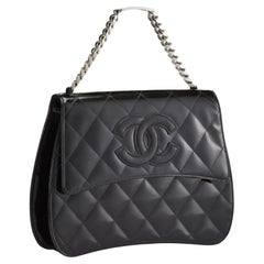 Chanel Black Patent Leather Name Plate Top Handle Shoulder Bag