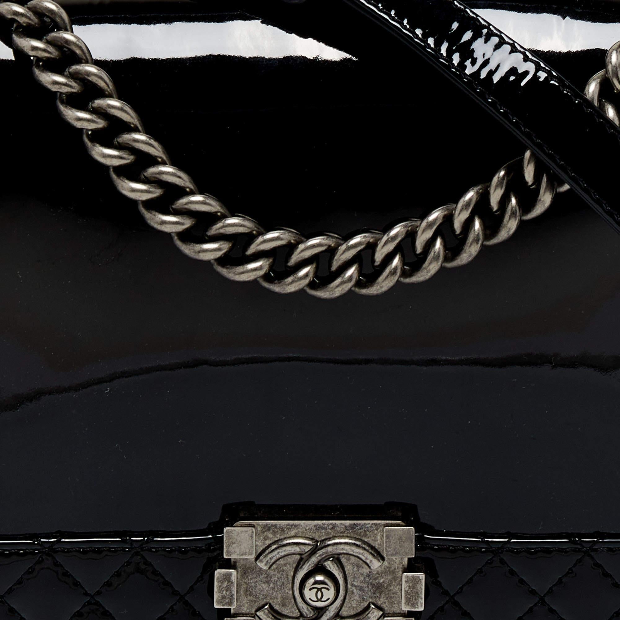 Chanel Black Patent Leather New Medium Reverso Boy Flap Bag For Sale at ...