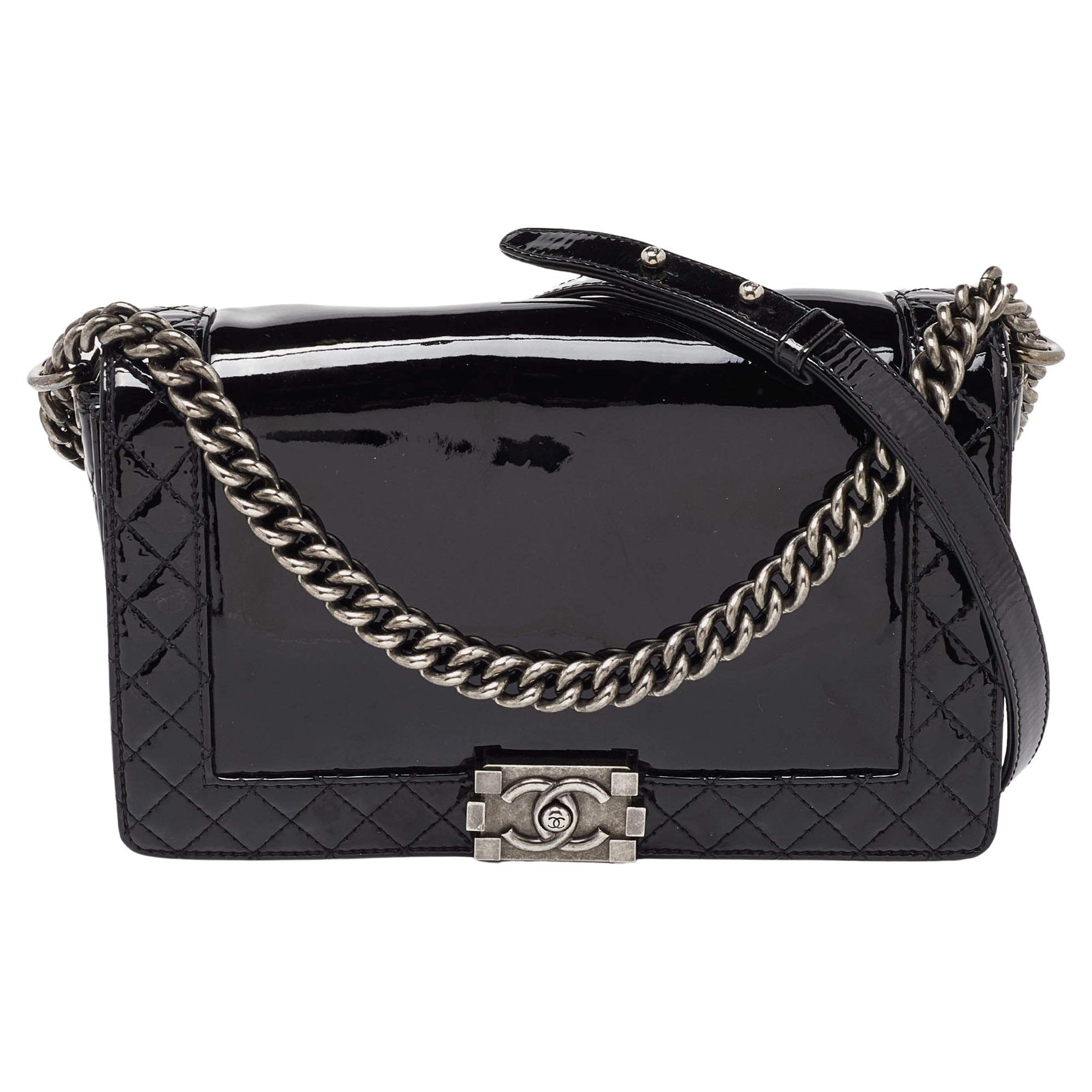Chanel Black Patent Leather New Medium Reverso Boy Flap Bag For Sale