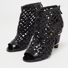 Chanel Black Patent Leather Open Toe Cage Ankle Boots Size 40