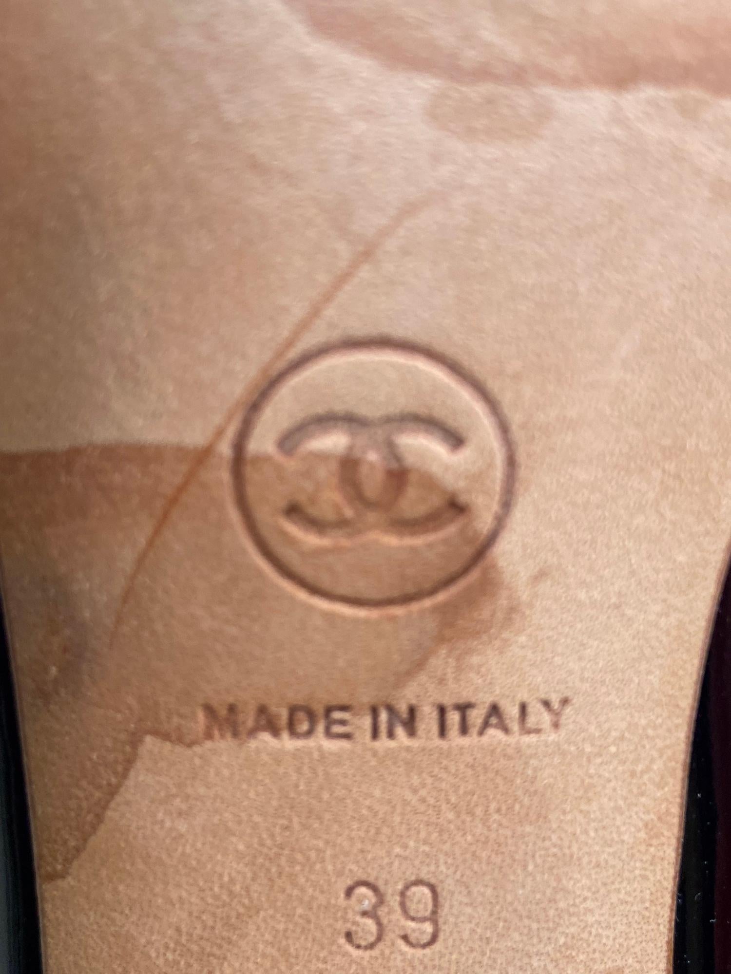 Chanel Black Patent Leather Open Toe Gold Logo Heel Pumps 39 1