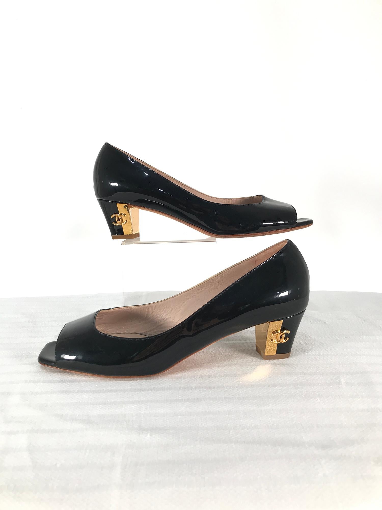 Chanel Black Patent Leather Open Toe Gold Logo Heel Pumps 39 2