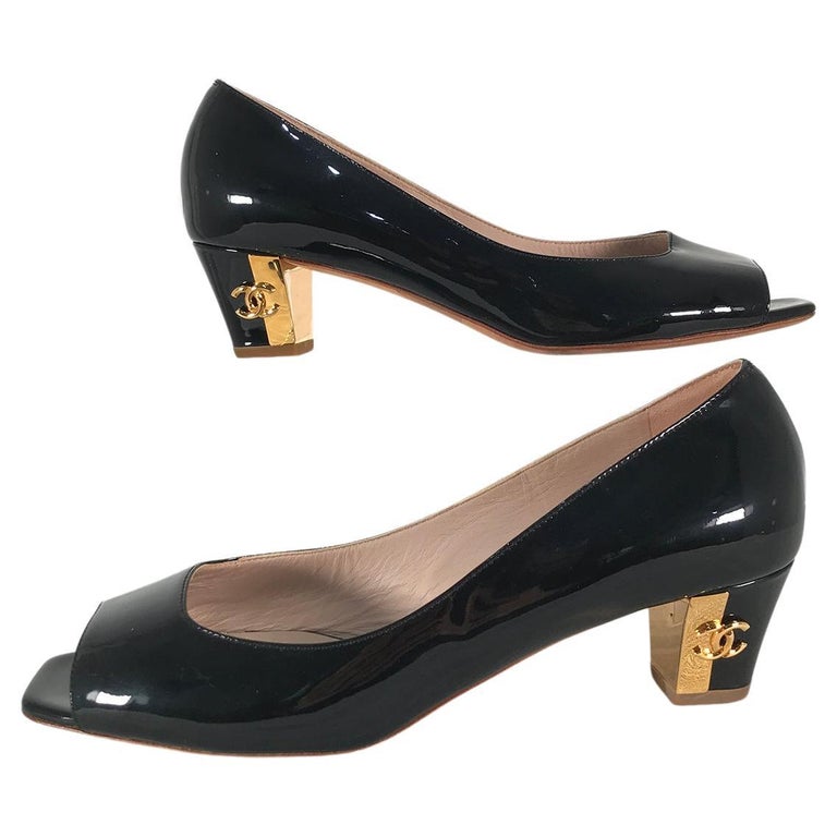 Chanel Black Patent Leather Open Toe Gold Logo Heel Pumps 39 at