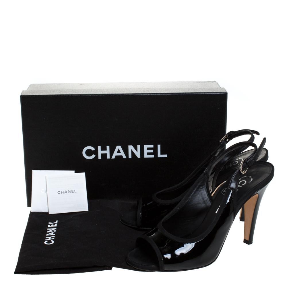 Chanel Black Patent Leather Open Toe Slingback Sandals Size 36.5 2