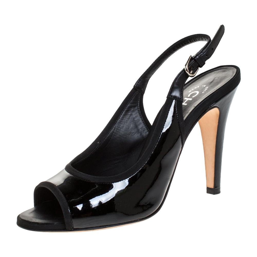 Chanel Black Patent Leather Open Toe Slingback Sandals Size
