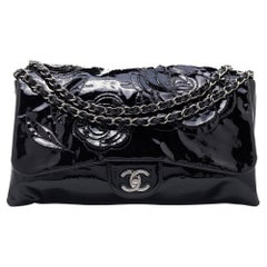 Chanel Black Patent Leather Paris Shanghai Camellia Flap Bag