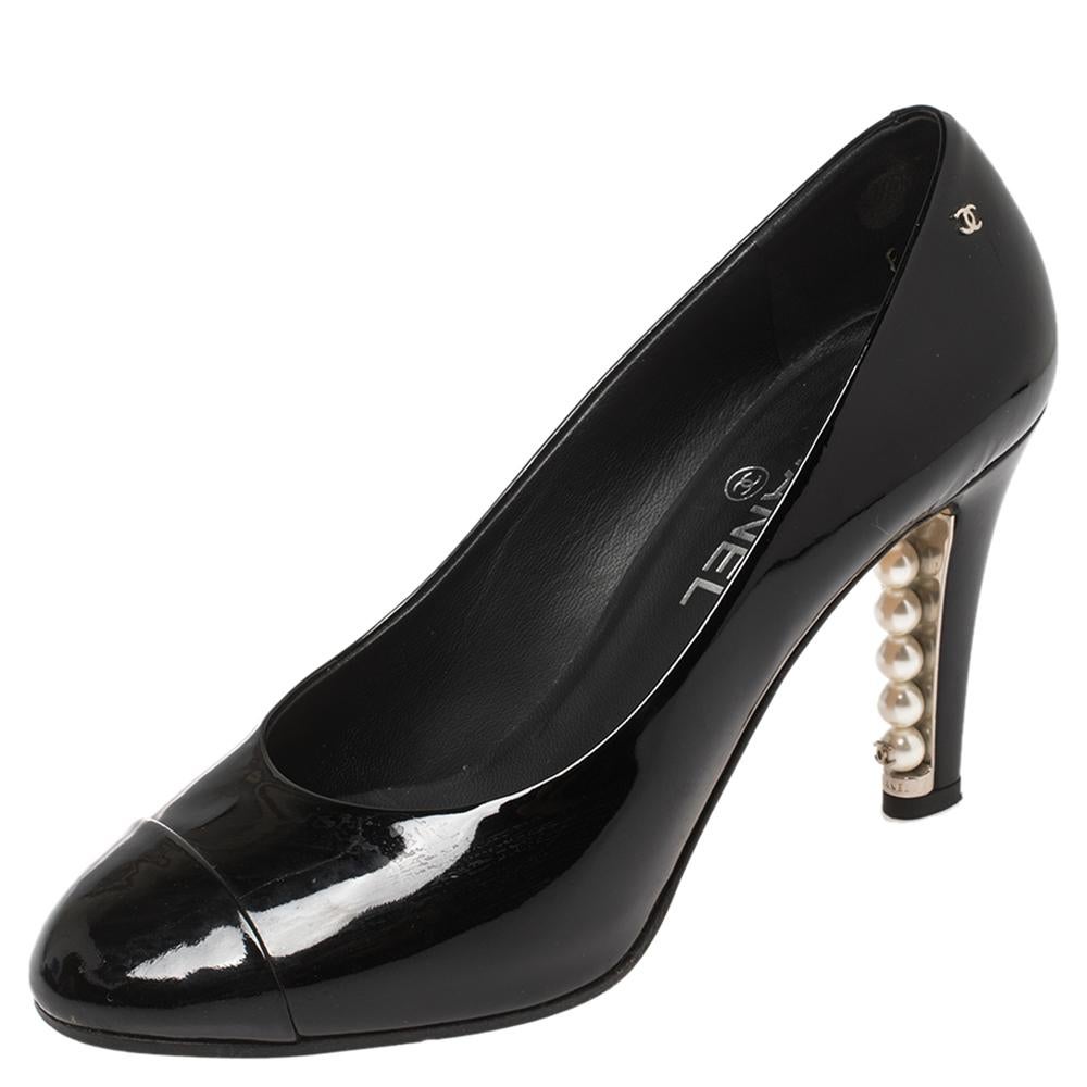 Chanel Black Patent Leather Pearl Embellished Pumps Size 37.5