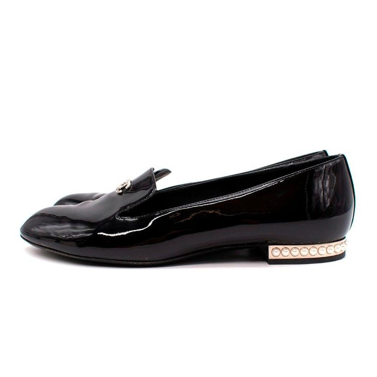 Chanel Black Patent Leather silver crystals CC logo Flat Loafers