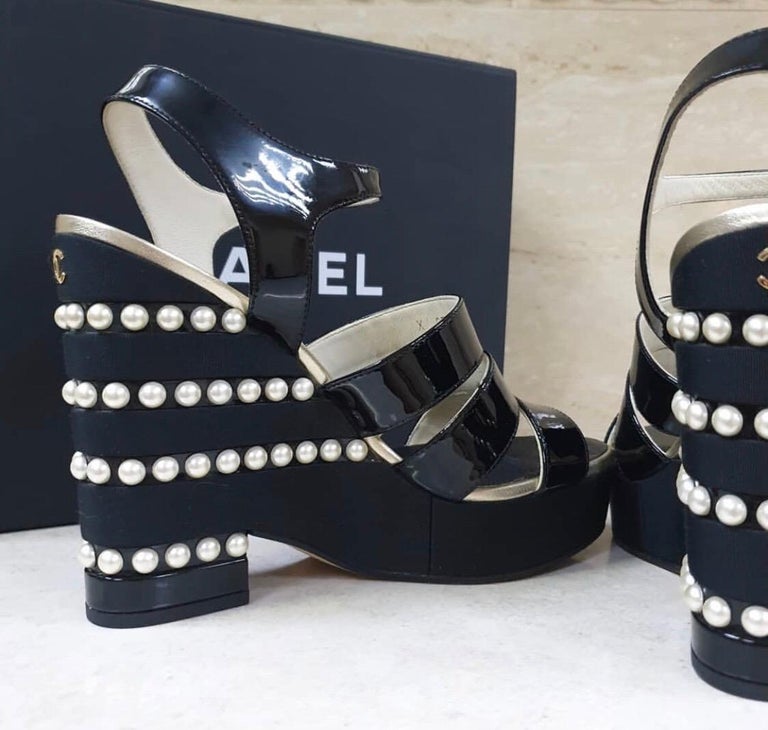 Chanel Black T Strap CC Pearl Wedge Sandals 38 – The Closet