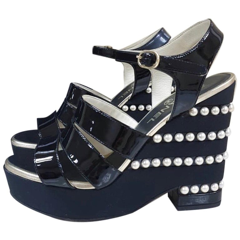 Chanel Black Patent Leather Pearl Wedge Sandals For Sale at 1stDibs  chanel  pearl sandals, chanel pearl wedges, chanel platform wedge sandals